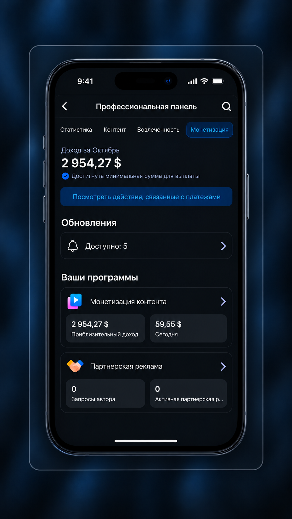 Скріншот монетизації контенту з доходом 2 954,27 долара.